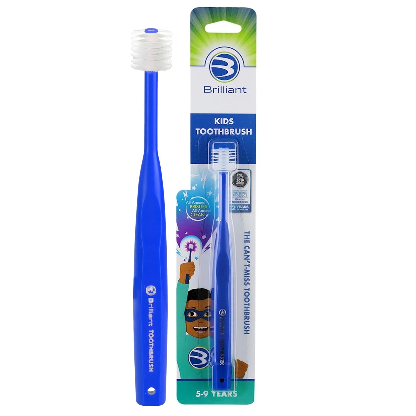 Brilliant Kids Toothbrush – Soft Bristles, 360° Round Head, Ages 5-9 (Royal Blue)