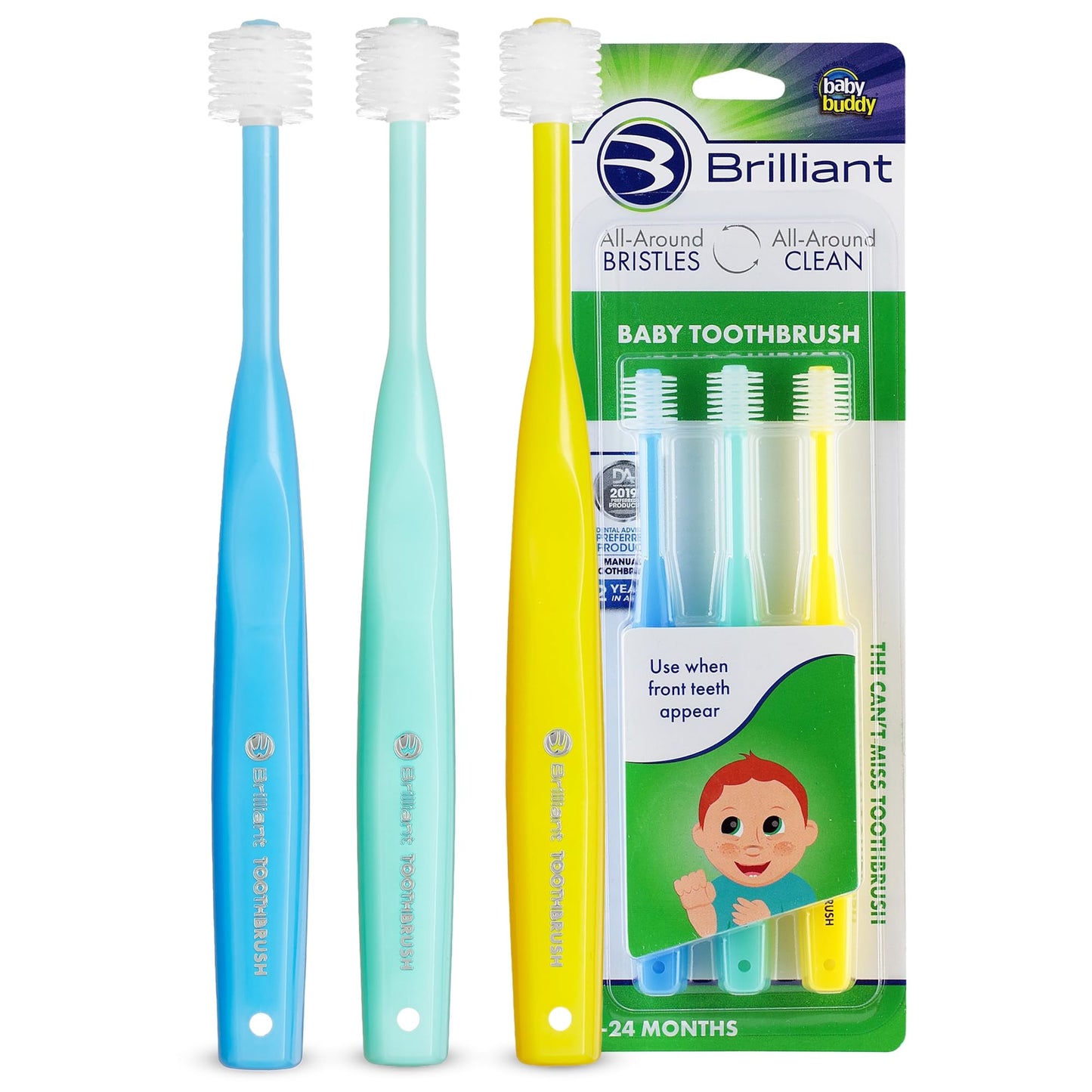 Brilliant Oral Care Baby Toothbrush – Ultra-Soft Bristles, 360° Round Head, Ages 0-2 (3 Pack)
