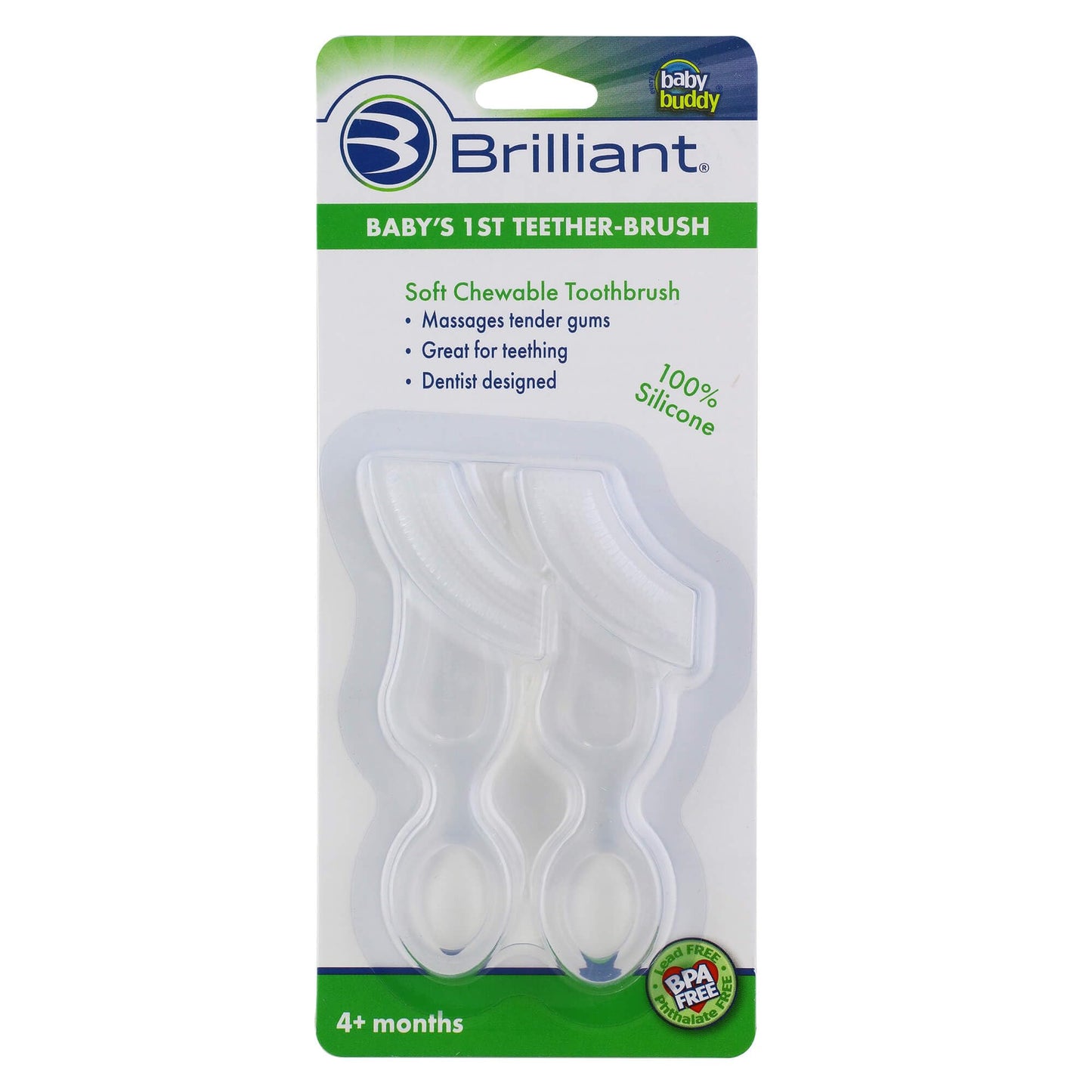 Brilliant Oral Care Baby's First Toothbrush – 2 Pack, Silicone Bristles, 4+ Months