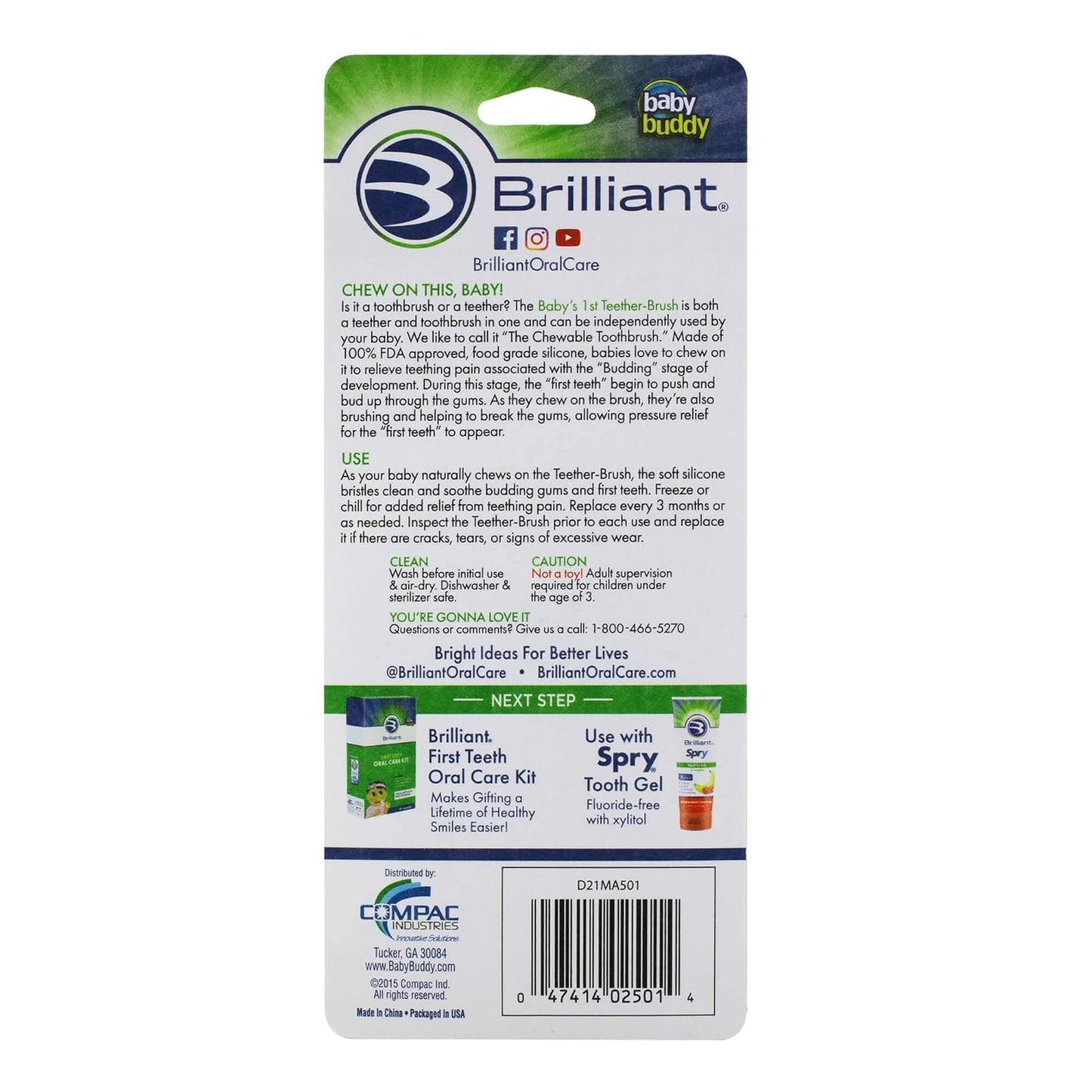 Brilliant Oral Care Baby's First Toothbrush – 2 Pack, Silicone Bristles, 4+ Months