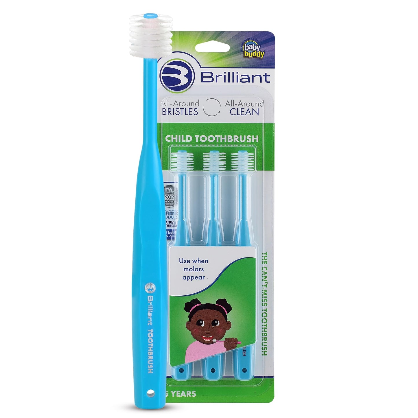 Brilliant Oral Care Child Toothbrush – Soft Bristles, Round Head, Sky Blue, 3 Pack (Ages 2-5)