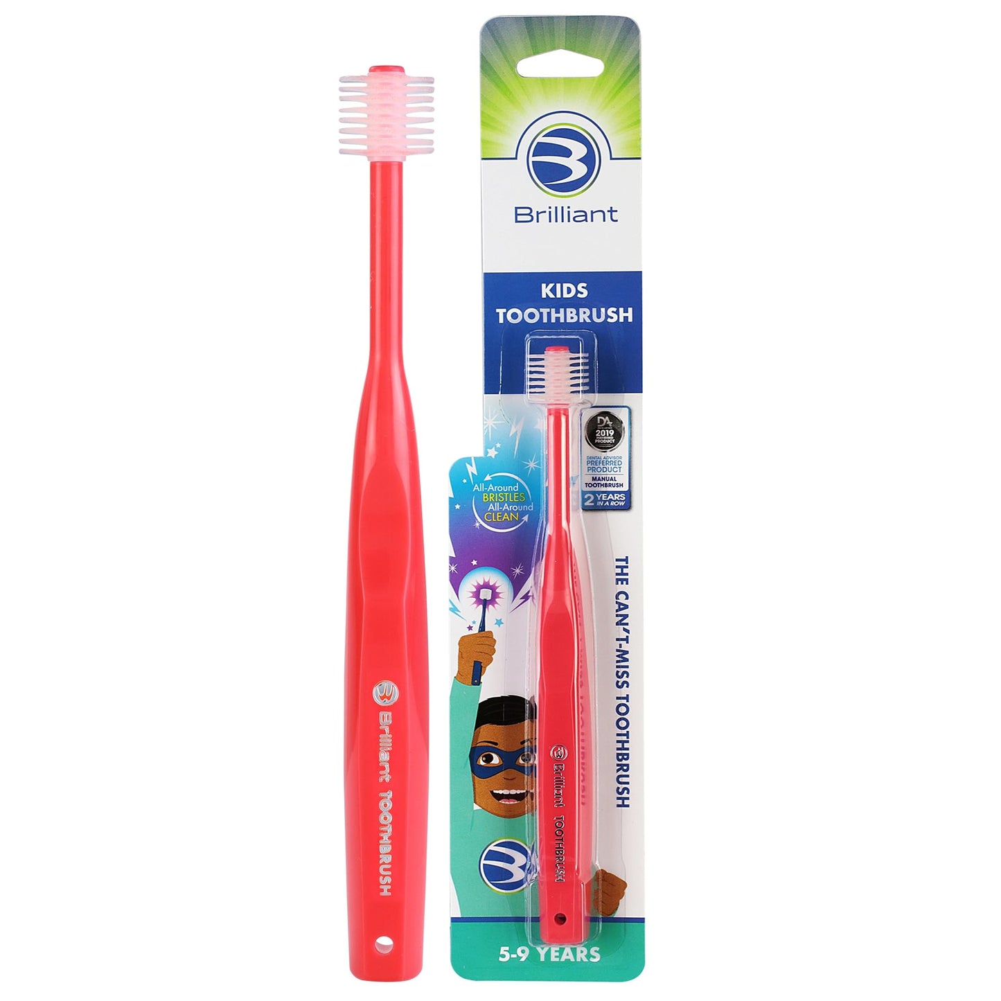 Brilliant Oral Care Kids Toothbrush – Soft Bristles, Round Head (Ages 5–9) Red, 1 Pack