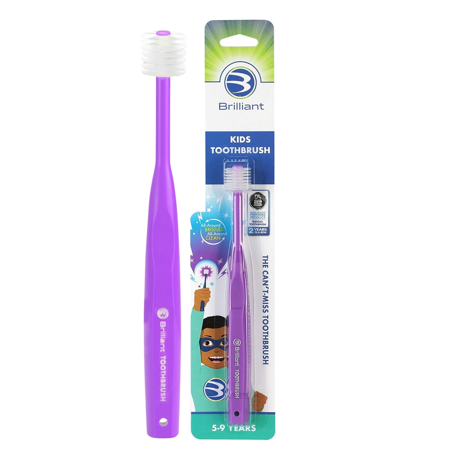 Brilliant Oral Care Kids Toothbrush – Soft Bristles, 360° Round Head, Ages 5-9, Purple | 1 Pack