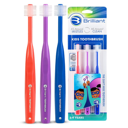 Brilliant Oral Care Kids Toothbrush – 3 Pack, Round Head, Ultra-Soft Bristles (Ages 5-9)