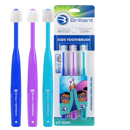 Brilliant Oral Care Kids Toothbrush - 5-9 Years - Round Head, Ultra-Soft Bristles - 3 Pack (Royal Purple Teal)