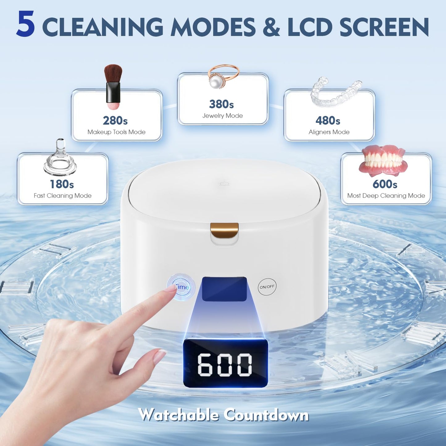 BRNMLD Ultrasonic Retainer Cleaner - 45kHz Sonic Cleaning for Dentures, Braces, Mouth Guards | 5 Modes (White)