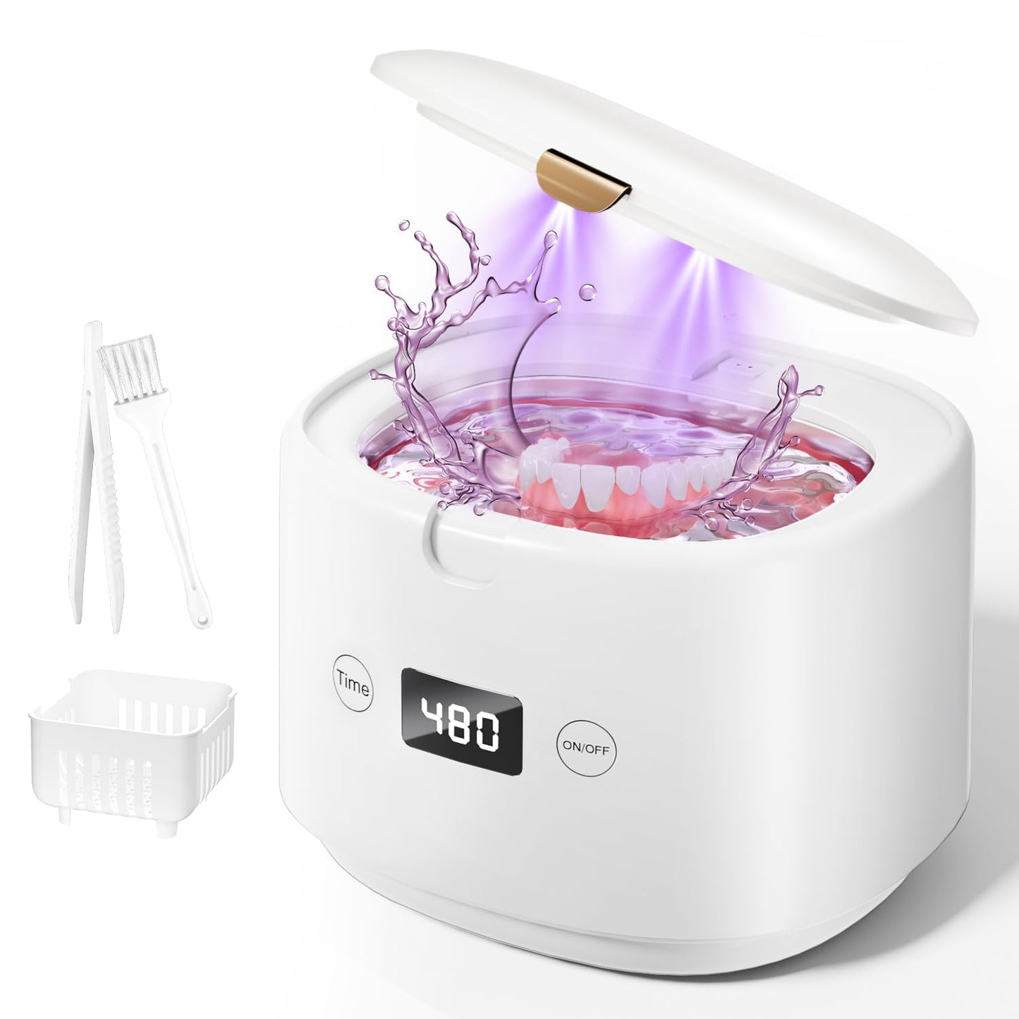 BRNMLD Ultrasonic Retainer Cleaner - 45kHz Sonic Cleaning for Dentures, Braces, Mouth Guards | 5 Modes (White)