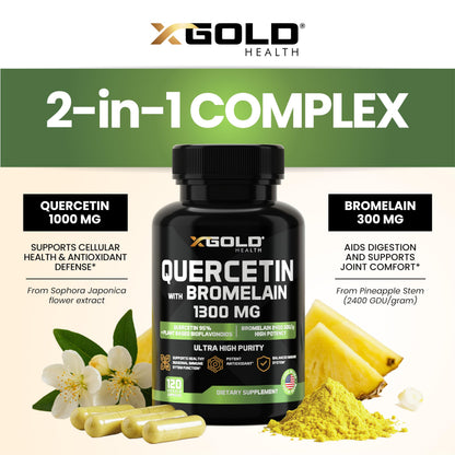 Quercetin + Bromelain 1300mg – 95% Quercetin, 2400 GDU/g Bromelain | Made in USA | 120 Caps