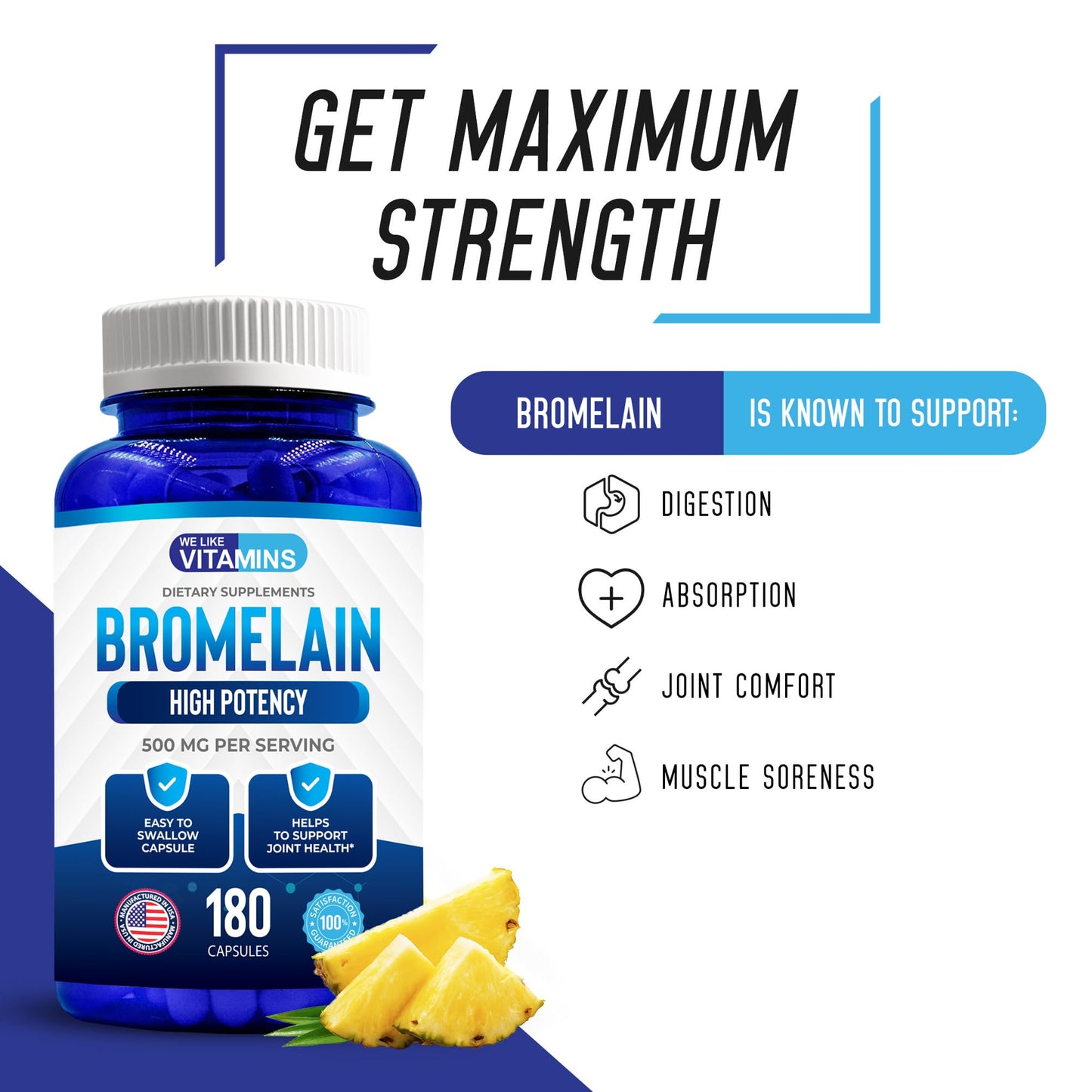 We Like Vitamins Bromelain 500mg Capsules – 180 Count | 2400 GDU/g Digestive Support