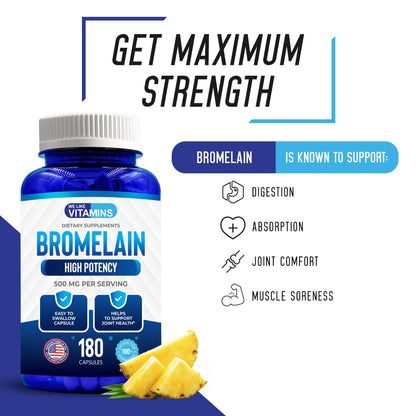 We Like Vitamins Bromelain 500mg Capsules – 180 Count | 2400 GDU/g Digestive Support