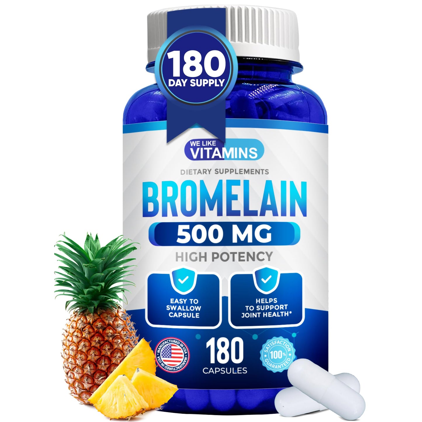 We Like Vitamins Bromelain 500mg Capsules – 180 Count | 2400 GDU/g Digestive Support