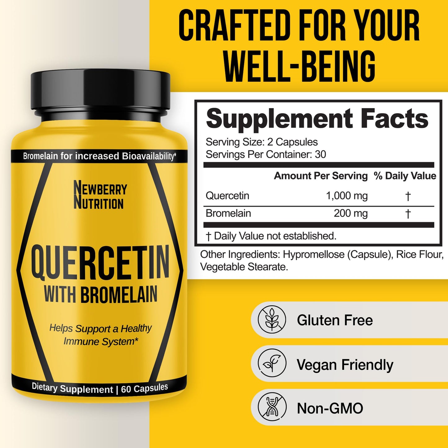 Newberry Nutrition Quercetin with Bromelain 1200mg | Immune Support & Antioxidant | 60 Count