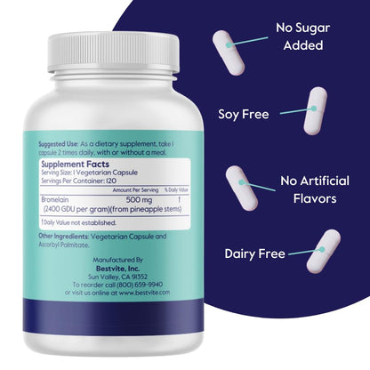 Bromelain 500mg (2400 GDU/Gram) (120 Vegetarian Capsules) - No Stearates - Vegan - No Gelatin - No Silica - Non GMO - Gluten Free