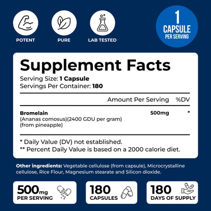 We Like Vitamins Bromelain 500mg Capsules – 180 Count | 2400 GDU/g Digestive Support