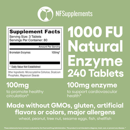 Bromelain Supplement 240 Tablets Natural Enzymes 100 mg 2400 GDU/g Gluten Free Non-GMO Vegan (240, Bromelain)