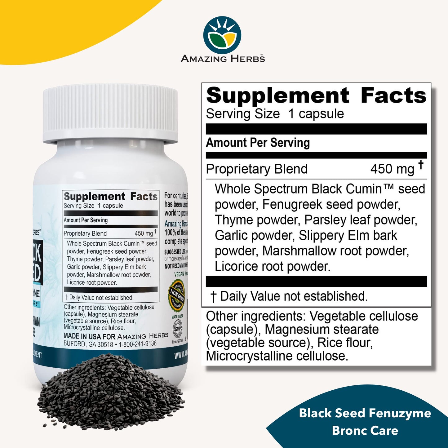 Amazing Herbs Black Seed Bronc-Care – Immune Support Capsules, Vegan, Gluten-Free, Non-GMO (60 Count)