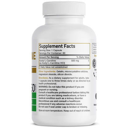 Bronson Acetyl L-Carnitine 500 MG High Potency - Non-GMO, 60 Capsules