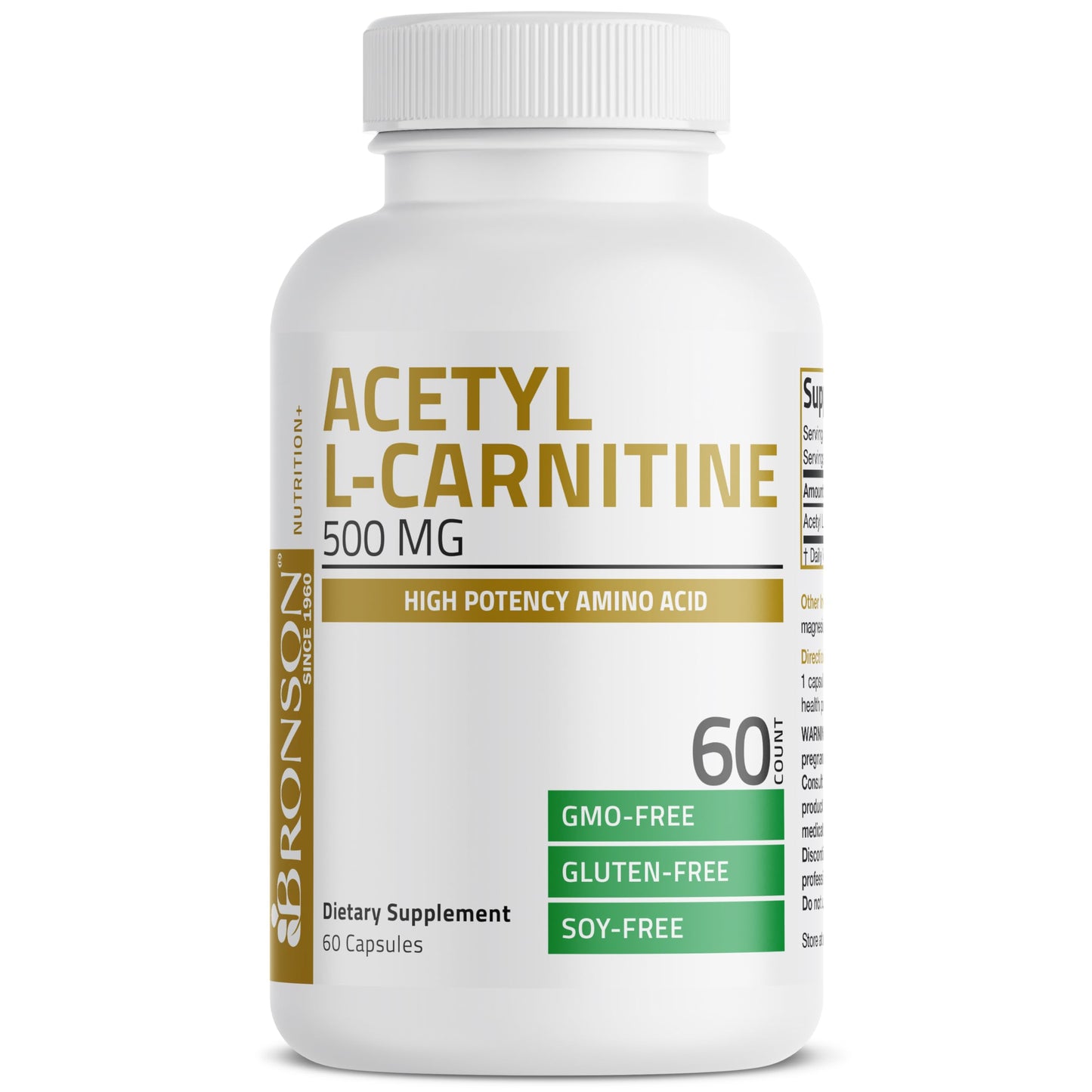 Bronson Acetyl L-Carnitine 500 MG High Potency - Non-GMO, 60 Capsules
