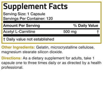 Bronson Acetyl L-Carnitine 500 MG – High Potency (120 Capsules, Non-GMO)
