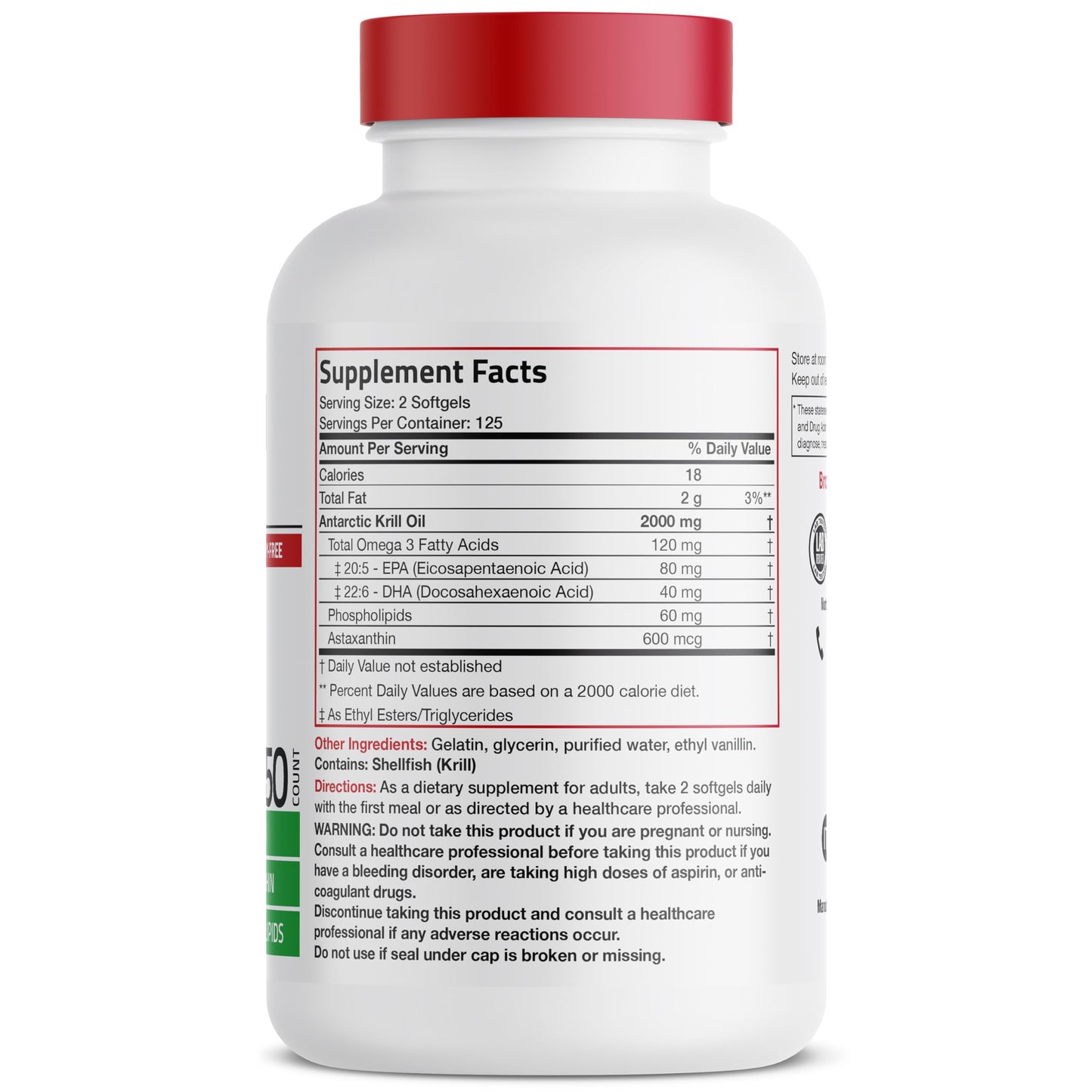 Bronson Antarctic Krill Oil 2000 mg with Omega-3s EPA, DHA, Astaxanthin and Phospholipids - 250 Softgels (125 Servings)