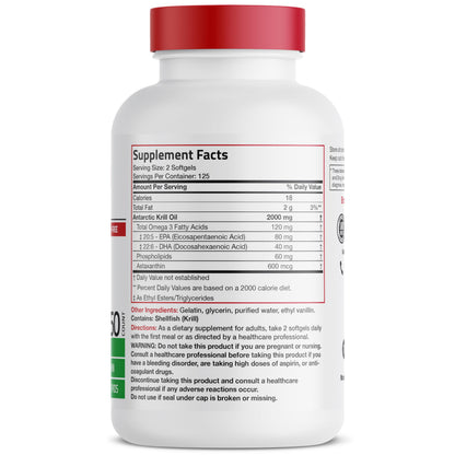 Bronson Antarctic Krill Oil 2000 mg with Omega-3s EPA, DHA, Astaxanthin and Phospholipids - 250 Softgels (125 Servings)