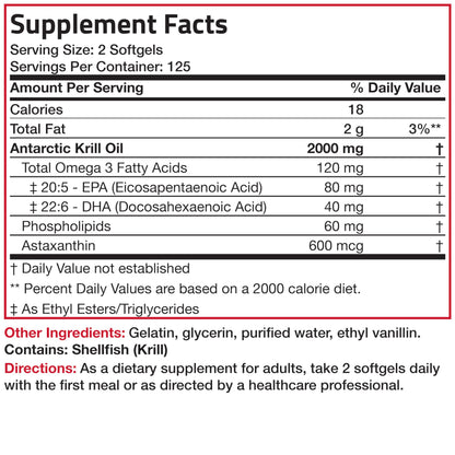Bronson Antarctic Krill Oil 2000 mg with Omega-3s EPA, DHA, Astaxanthin and Phospholipids - 250 Softgels (125 Servings)