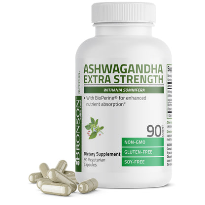 Bronson Ashwagandha Extra Strength with BioPerine | Stress & Mood Support | 90 Vegetarian Capsules | Non-GMO