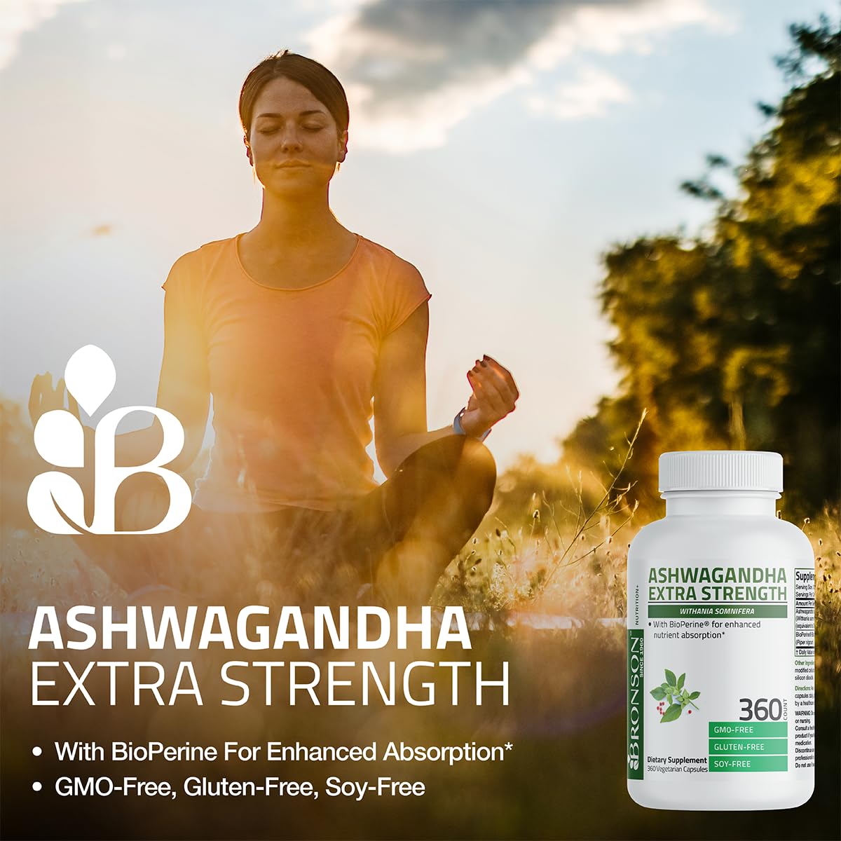 Bronson Ashwagandha Extra Strength – Stress & Mood Support with BioPerine, 120 Vegetarian Capsules