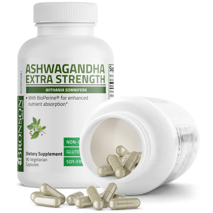 Bronson Ashwagandha Extra Strength with BioPerine | Stress & Mood Support | 90 Vegetarian Capsules | Non-GMO