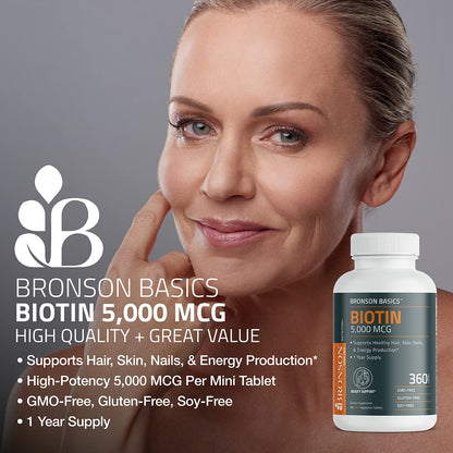 Bronson Biotin 5,000 MCG – Hair, Skin & Nails Support | 360 Vegetarian Tablets