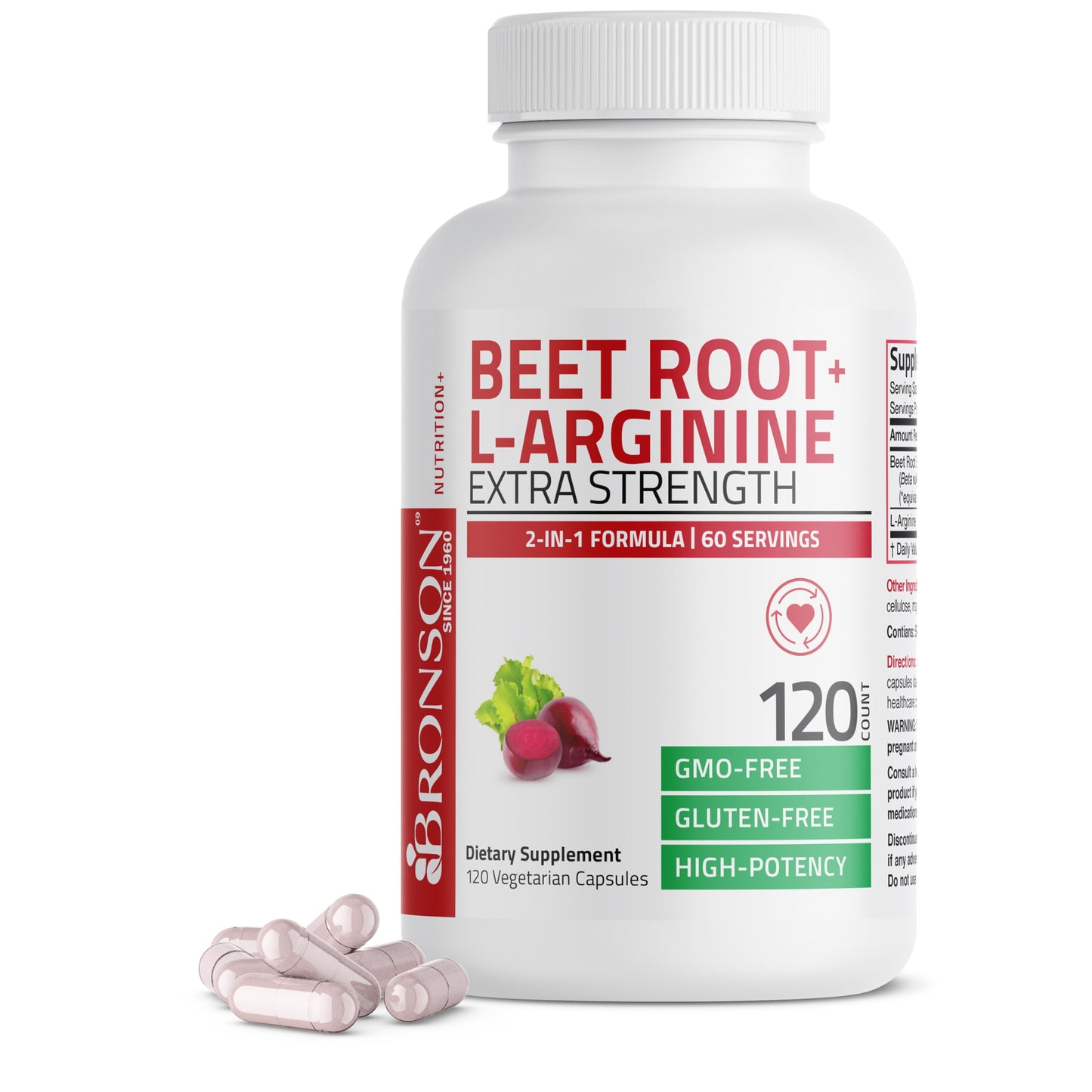 Bronson Beet Root + L-Arginine Nitric Oxide - 2000 MG / Serving | 120 Vegetarian Capsules | Non-GMO