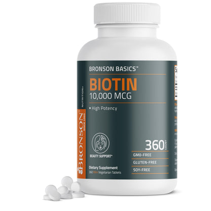 Bronson Biotin 10,000mcg | Supports Healthy Hair, Skin & Nails | Vegetarian, Non-GMO | 360 Tablets
