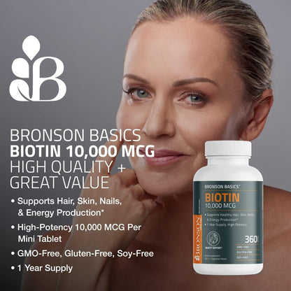 Bronson Biotin 10,000mcg – Hair, Skin & Nails Support | 150 Tablets | Vegetarian, Non-GMO