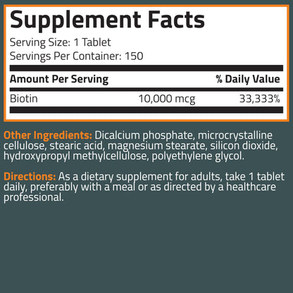 Bronson Biotin 10,000mcg – Hair, Skin & Nails Support | 150 Tablets | Vegetarian, Non-GMO