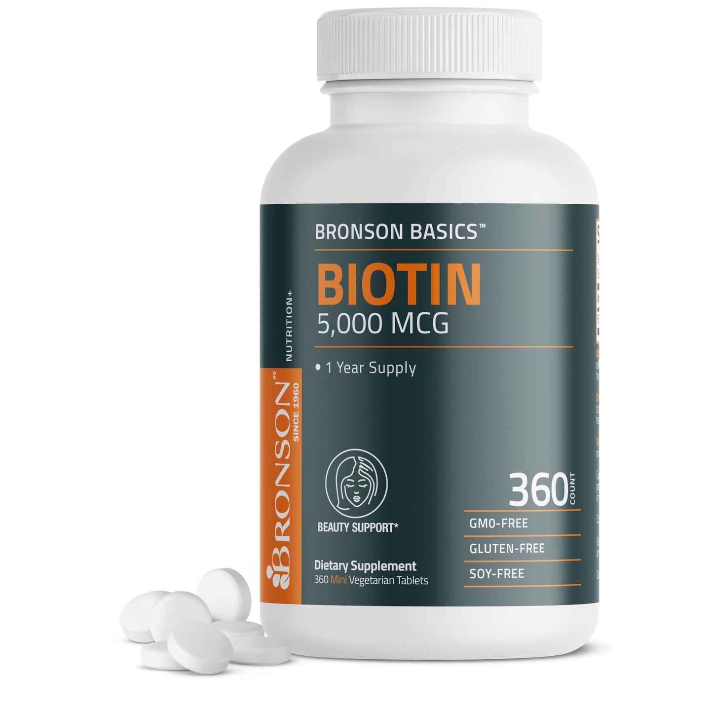 Bronson Biotin 5,000 MCG – Hair, Skin & Nails Support | 360 Vegetarian Tablets