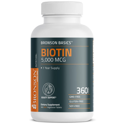Bronson Biotin 5,000 MCG – Hair, Skin & Nails Support | 360 Vegetarian Tablets