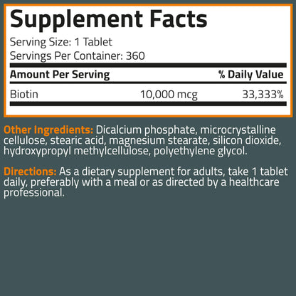 Bronson Biotin 10,000mcg | Supports Healthy Hair, Skin & Nails | Vegetarian, Non-GMO | 360 Tablets