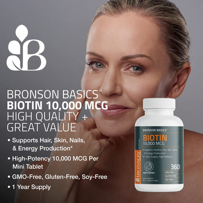 Bronson Biotin 10,000mcg | Supports Healthy Hair, Skin & Nails | Vegetarian, Non-GMO | 360 Tablets