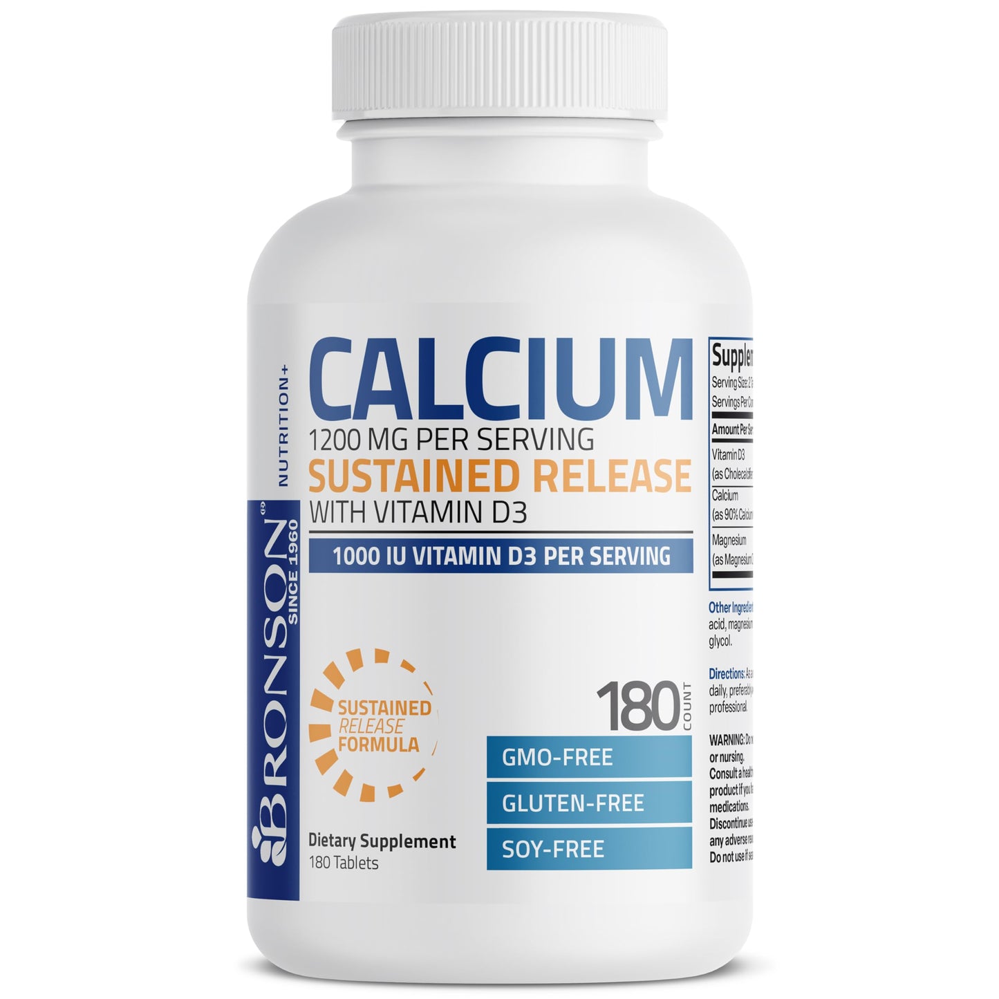 Bronson Calcium 1200 mg Sustained Release + Vitamin D3 1000 IU | Non-GMO | 180 Tablets