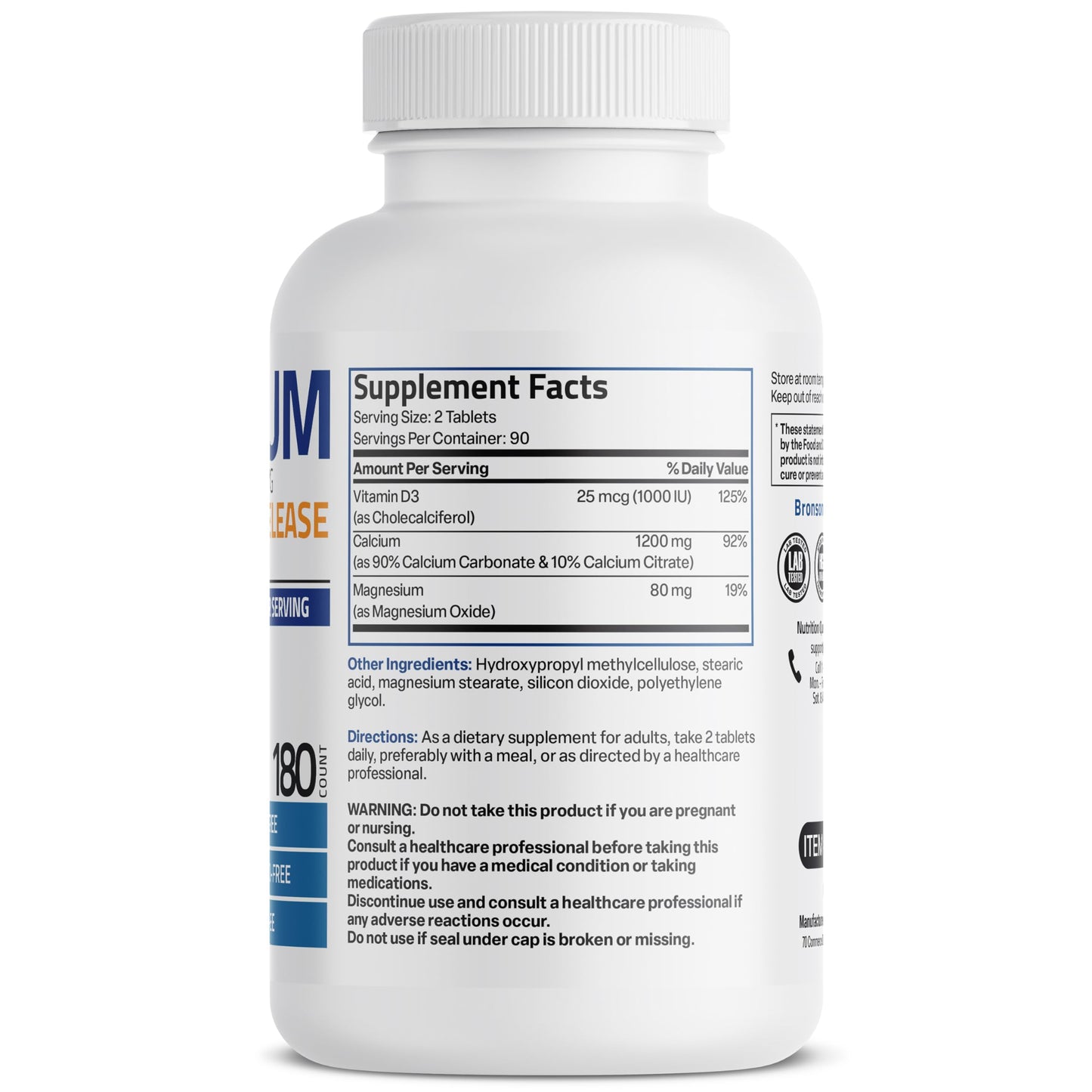 Bronson Calcium 1200 mg Sustained Release + Vitamin D3 1000 IU | Non-GMO | 180 Tablets