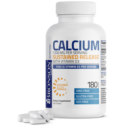 Bronson Calcium 1200 mg Sustained Release + Vitamin D3 1000 IU | Non-GMO | 180 Tablets