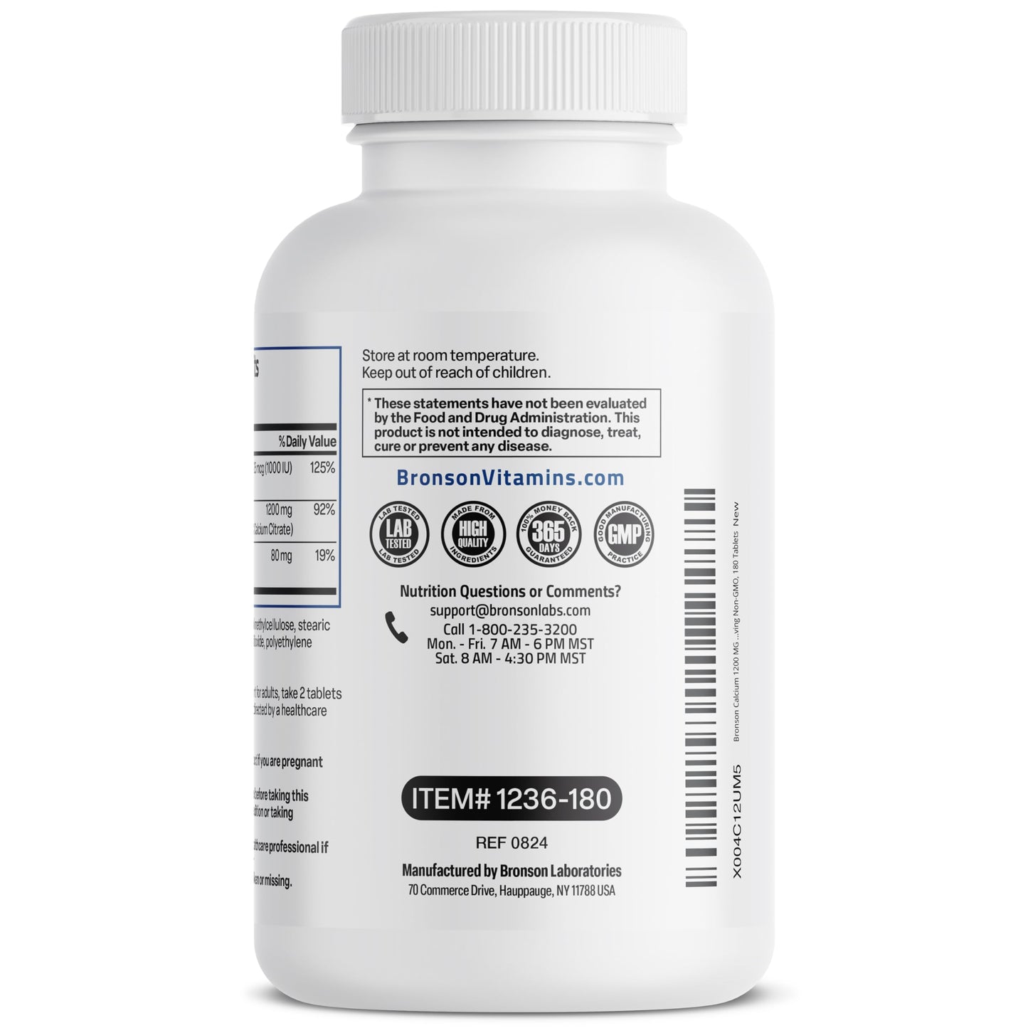 Bronson Calcium 1200 mg Sustained Release + Vitamin D3 1000 IU | Non-GMO | 180 Tablets