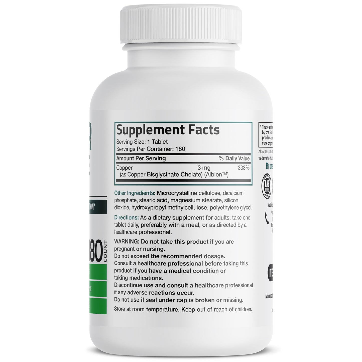 Bronson Copper Glycinate 3 mg Chelated | Non-GMO, 180 Tablets