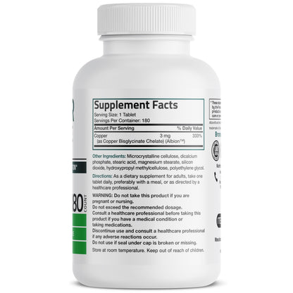 Bronson Copper Glycinate 3 mg Chelated | Non-GMO, 180 Tablets