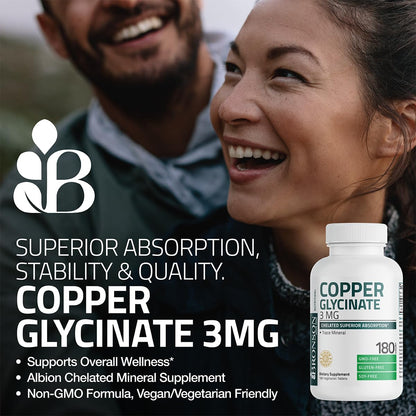 Bronson Copper Glycinate 3 mg Chelated | Non-GMO, 180 Tablets