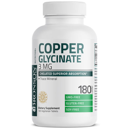 Bronson Copper Glycinate 3 mg Chelated | Non-GMO, 180 Tablets