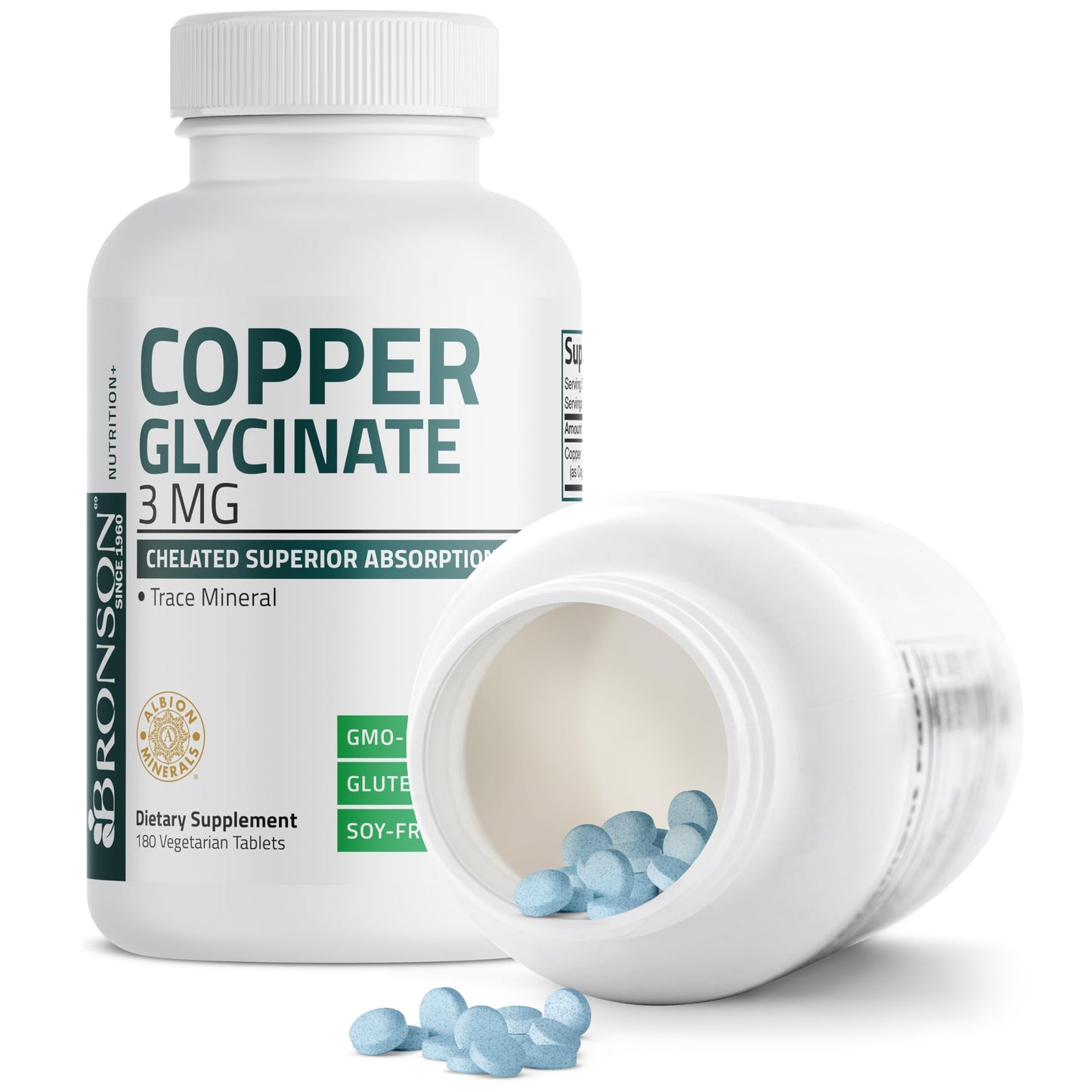 Bronson Copper Glycinate 3 mg Chelated | Non-GMO, 180 Tablets