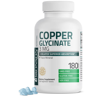 Bronson Copper Glycinate 3 mg Chelated | Non-GMO, 180 Tablets