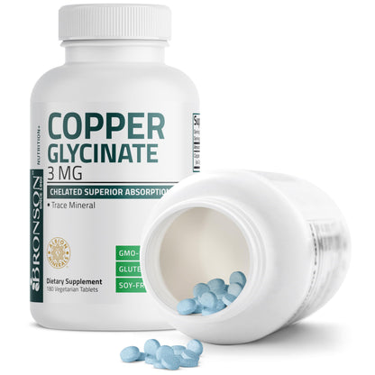 Bronson Copper Glycinate 3 mg Chelated | Non-GMO, 180 Tablets