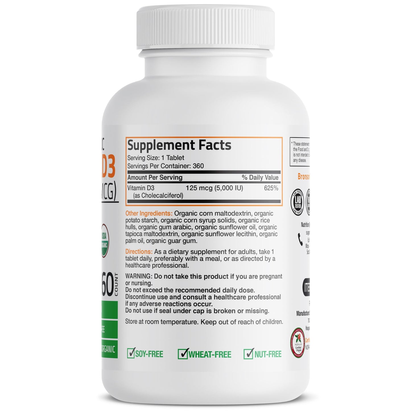 Bronson Vitamin D3 5,000 IU Organic High Potency Non-GMO | 360 Tablets